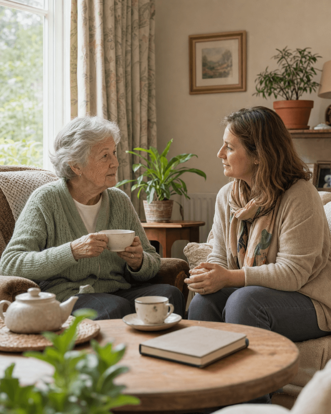 An older adult and companion having a relaxed first consultation at home