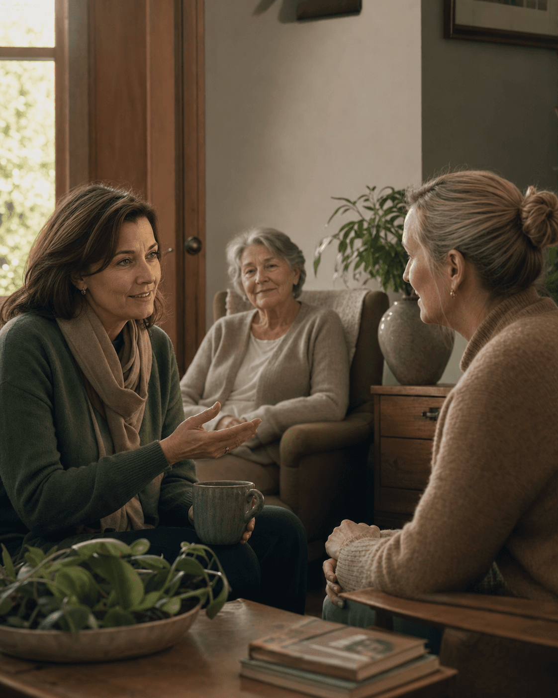 A companion sharing a reassuring update with a family member