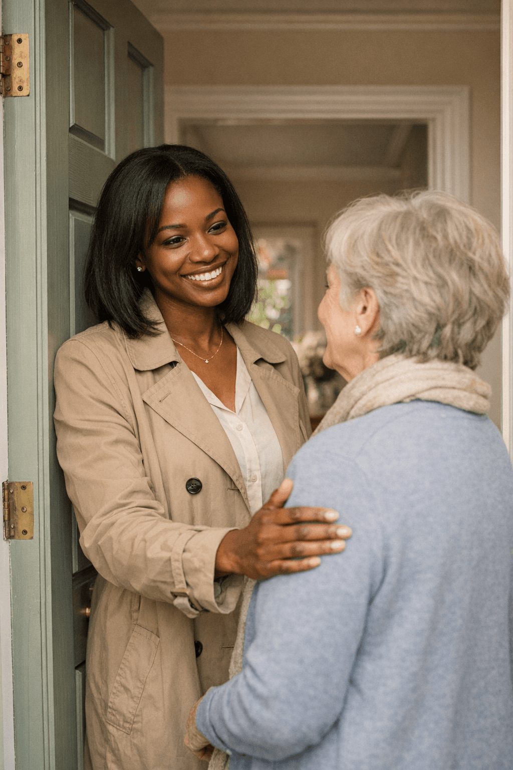 A companion warmly greeting an older adult at their front door