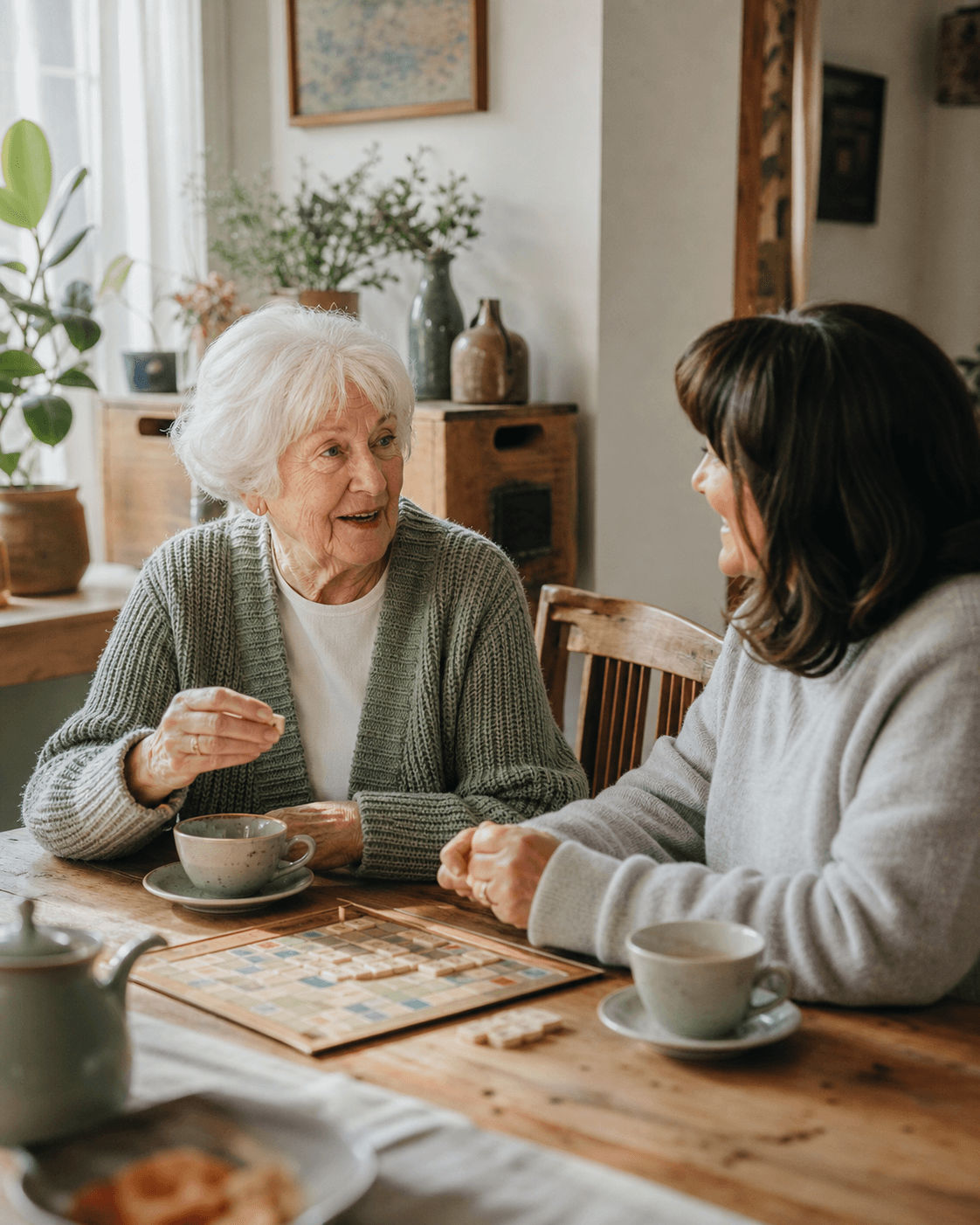 An older adult and companion enjoying tea and a board game together