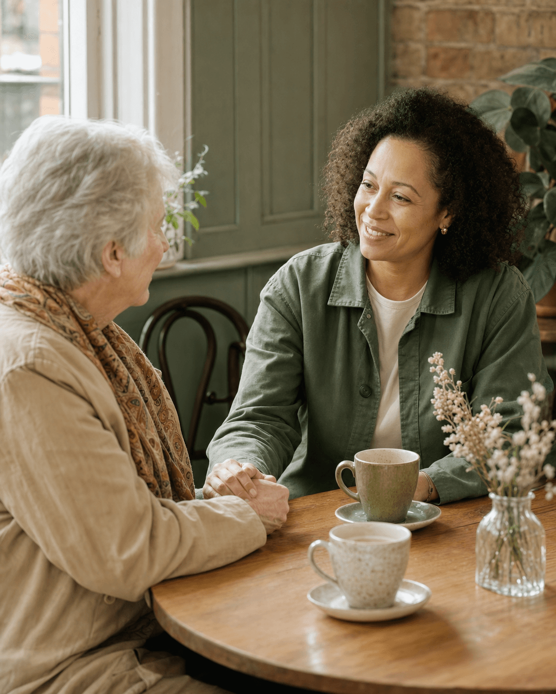 An older adult meeting a trusted local companion over tea
